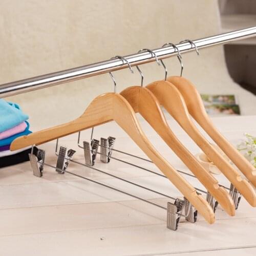 Natrual Wood Clothes Hanger P66 Anti Slips Wooden Coat Hanger With Metal Clips Hanger