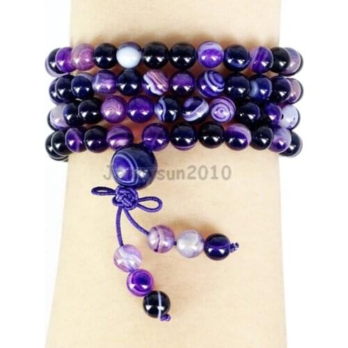 Natural Purple Stripe Ag-ate 6mm Gems Stone Buddhist 108 Bead Prayer Mala Multi-Purpose Stretchy Bracelet Necklace 5Strands/Pack