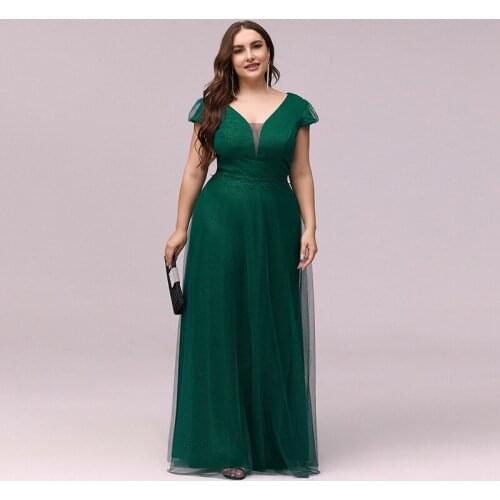 New Short Sleeve Evening Dress Empire Appliques Elegant A-Line Zipper Back V-Neck Floor-Length Plus Size Women Formal Gowns D994