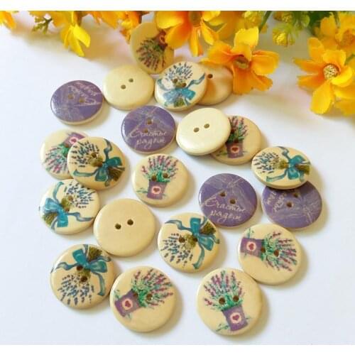 New 20Pcs 25mm Lavender pattern Tower Flower 2 Holes Wooden Buttons Sewing DIY Craft Scrapbooking Cute Fashion