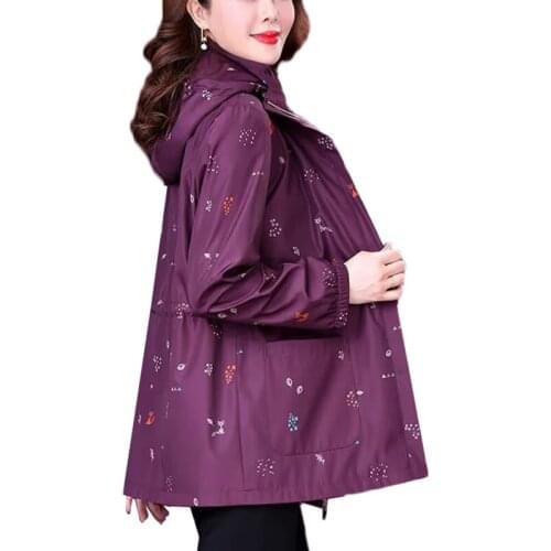 Autumn Women Trench Coat New Fashion Printed Hooded Outerwear Middle-aged Female Windbreakers Plus Size 5XL Basic Casual Tops