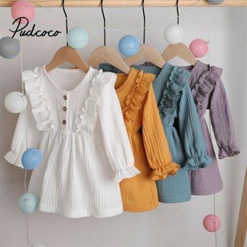 1-6Y Toddler Kids Baby Girl Autumn Dress Ruffles Long Sleeve Solid Cotton Linen Party Casual Dress Clothes