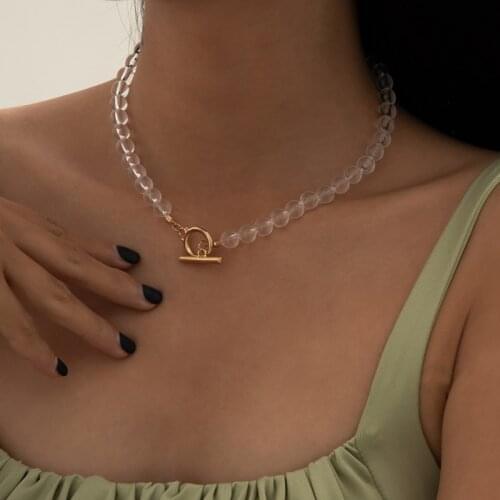 TIMEONLY Unique Design Beads Choker Necklaces Hyaline Resin Gold Color Metal Toggle Clasp Circle Chokers for Women Jewelry