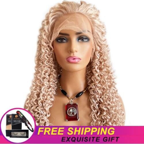 Pink Long Deep Wave Hair Synthetic Lace Front Wigs For Black Women Cosplay Daily Natural Hairline Glueless Hd Lace Frontal Wigs