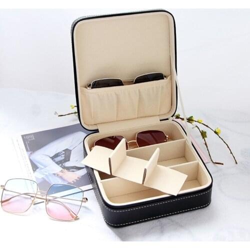 Portable sunglasses box for travel PU leather jewelry organizer Sub-grid small glasses case Casket zipper bag Container gift box