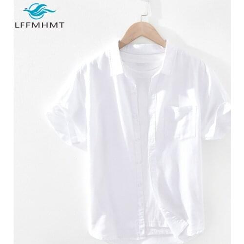 Men Summer Fashion Cotton Linen Short Sleeve Pocket Shirts Businessmen Square Collar Casual Japan Style Thin Basic Simple Tops