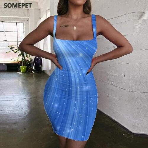 SOMEPET Abstract Dresses Women Blue Ladies Dresses Psychedelic Halter Sleeveless Art Vestido Sexy Womens Clothing Party New