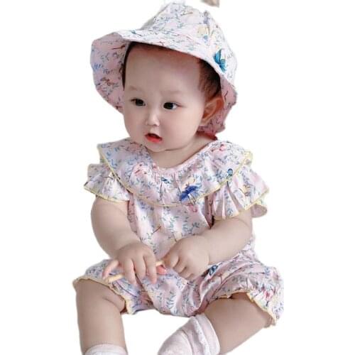Korean Infant Cotton Kids Girls Newborn Baby 2021 Summer Children Outfit Flying Sleeve Floral Butterfly Romper+hat 2pcs Clothing