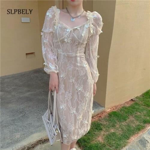 SLPBELY Vintage Lace Butterfly Dress Spring Long Sleeve Elegant Sexy Beach Embroidery Mesh Party Square Collar Split Dresses