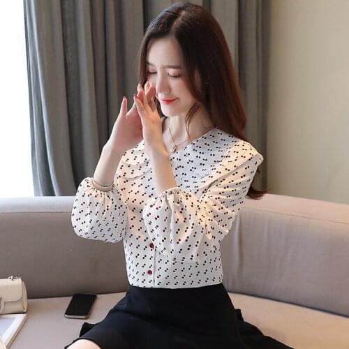 Spring new doll collar lantern sleeves hit color wave dot printing chiffon shirt shirt straight top women