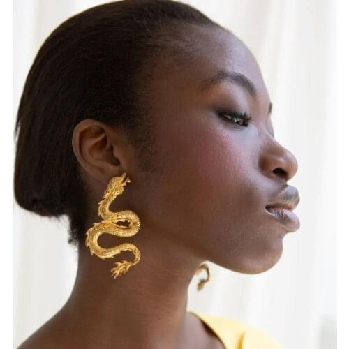 Punk Shining Gold Dragon Statement Earrings For Women 2020 Big Exaggerated Firery Dragon Stud Earrings Femme Bijoux Jewelry