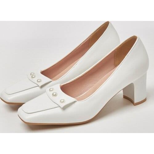 Ochanmeb Big Plus Size 45 Square High Heels Pumps Shoes for Women Spring Autumn Elegant Pearl Black Beige Nude Office Party Shoe