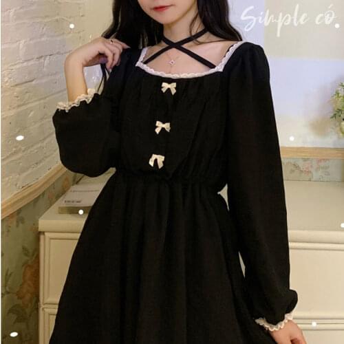 Spring Autumn Japanese Women Gothic Black Dress Lace Ruffles Bow Long Sleeve Lolita Style Maid Bandage Dresses Sweet Girly Dress