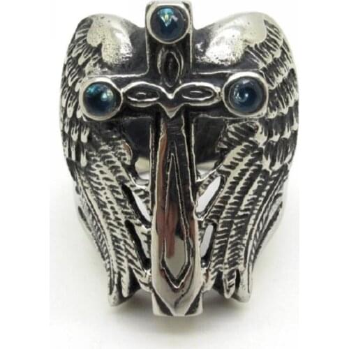 Woman Boys Sword Cross Jesus Charm Ring Fashion Crystal Wing Stainless Steel Silver color Jewelry