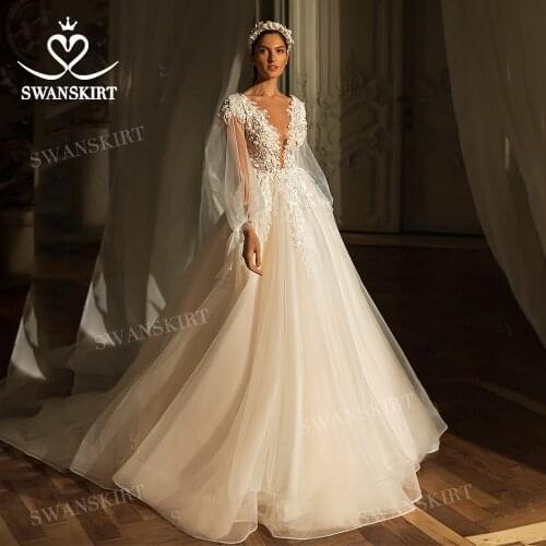 Romantic Long Sleeve Wedding Dress V-neck 3D Flowers A-Line Court Train Vestido De Novia Princess SwanSarah L157 Bridal Gown