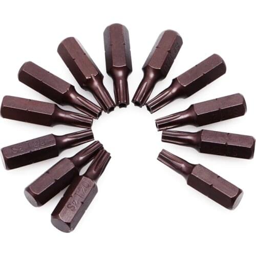 12Pcs 25mm 1/4" Hex Shank Magnetic T20 Torx Security Screwdriver Bits With Hole