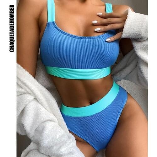 2021 Sport Push-Up High Waist Bikinis Set Swimsuit Summer Splicing Biquini Beachwear Sports Ribbed Bathing Suits Bikini Set