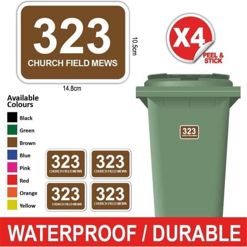 4X Personalised Printed Wheelie Bin Number Stickers House Number And Street Name FF Curved Rectangle Style Multiple Colors