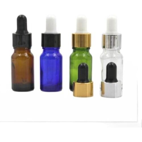 5ml green/blue/brown/clear glass bottle with aluminum collar white black bulb for essential oil serum liquid skin packing