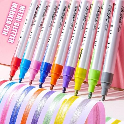 9pcs/set Shiny Pen Glitter Valve Type Highlighter Pens Writing Smoothly For School Office Marker Pens For Notes Stationery