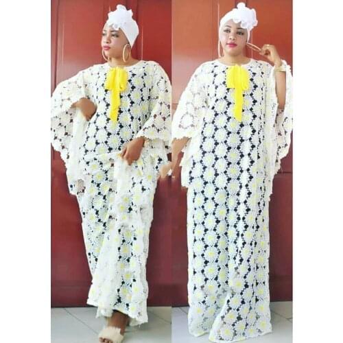 Womens Fashion Classic African Clothes Dashiki Robe Water Soluble Cloth Lace Labric Free Size Have Inside Loose Long Dress