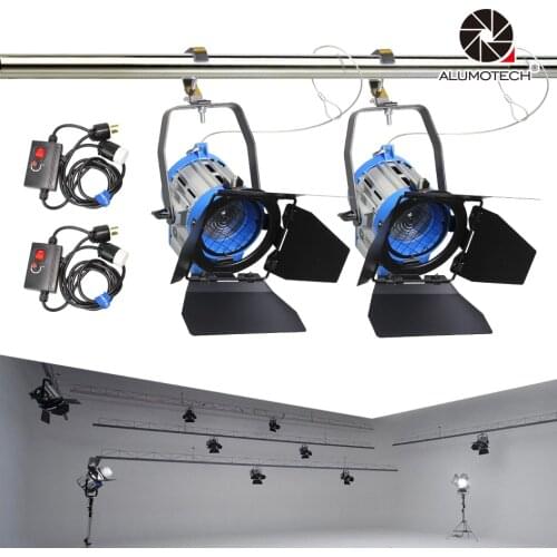 ALUMOTECH 300W*2+Dimmer*2 Fresnel Tungsten Spotlight Lighting+Barndoor For Camera Studio Video Photography Film Lamp
