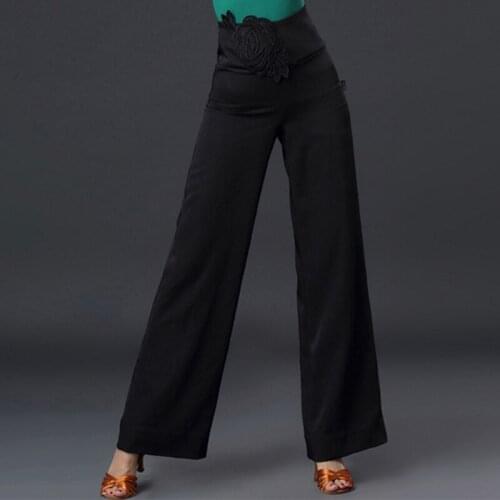 Ballroom Latin Dance Pants Female Adult Waist Lace Flowers Wide Leg Trousers Waltz Wear Women Modern Practice Clothes DNV12801