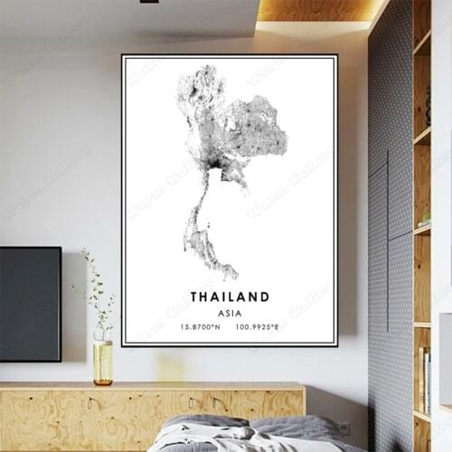 Black and White Asia City Map The Thailand City Map Poster HD Print Wall Art Canvas Nordic Landscape Painting for Home Decor