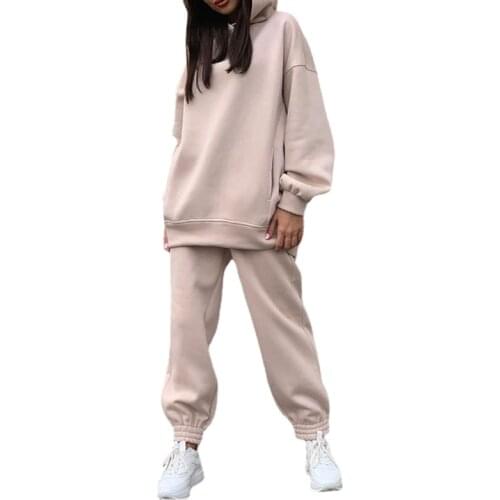 Two Piece Set Casual Fleece Tracksuit Women Winter 2020 Womens Sets Oversized Hooded Long Sleeve Hoodie Sport Pants Lady Suit