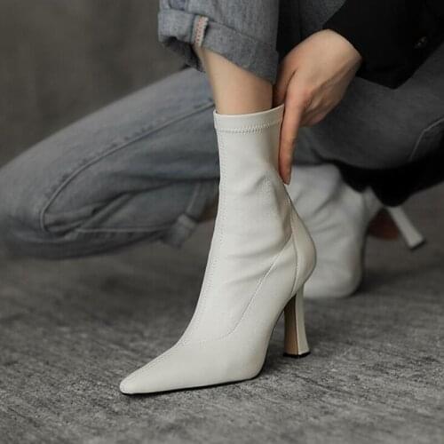 Brown High-Heeled Ankle Boots 2021 New Autumn And Winter Thin Boots Square Toe Stiletto Leather Small Boots High Heels Elastic