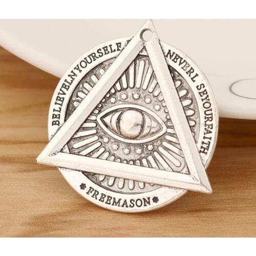 5 Pieces Silver Color Freemason Demon Eye Triangle Round Charms Pendants for Necklace Jewellery Making Accessories 39x34mm