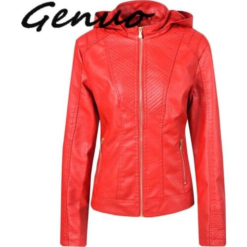Genuo New 2019 Detachable Hooded PU Jackets Women Winter Warm Flocking Outwears Autumn Slim Waist Motorcycle Chaqueta Mujer