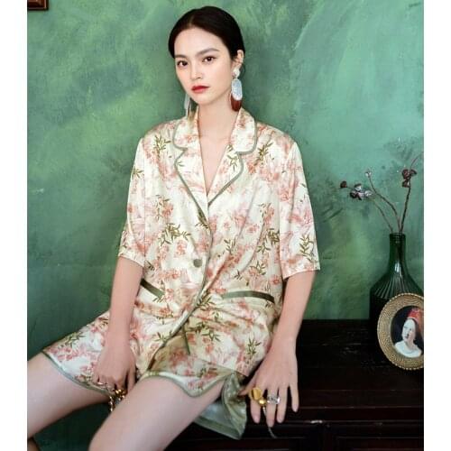 Summer Ice Silk Pajamas for Women Thin Short-sleeved Shorts Sleepwear Retro Flower Print Lounge Wear Smooth Satin Sexy Pijamas