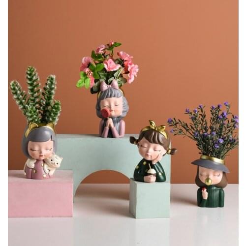 Cute Girl Blowing Bubbles Succulent Planters Vinyl Flower Pot for Home Tabletop Decor Artificial Flower Decoration