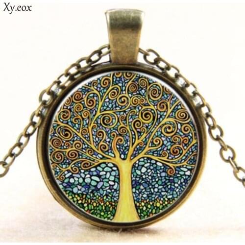 Fashion Vintage Tree of Life Pendant Necklace Cabochon Bronze Glass Chain