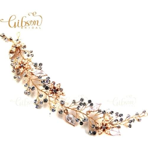 Cheap Design Gibsonbridal Exquisite Flower Leaf Crystal Pearls Wedding Hair Vine Headband Bridal Headpiece Party Hair Accessory