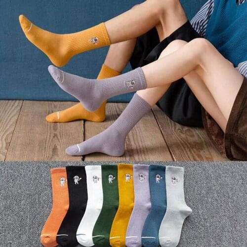Woman Socks Solid Casual Cartoon Cute Spaceman Embroidery Long Sock Harajuku Streetwear Hip Hop Skateboard Crew Sock