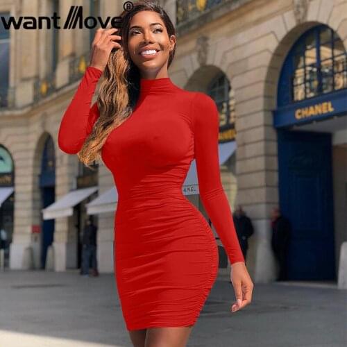 2019 new winter mini dress Wantmove fashion high neck long sleeve bodycon solid club casual evening party mini dress AM406