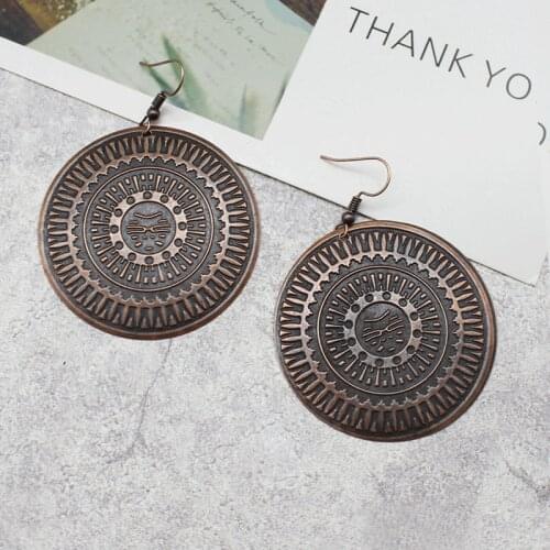 Retro Charming Bronze Great Round Tribe Totem Ethnic Style Turntable Lady Holiday Party Beach Piercing Earrings Jewelry