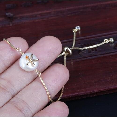 Tiny gold sea weed plant charm freshwater pearl bead charms dainty link bracelets for women wedding birthday gift