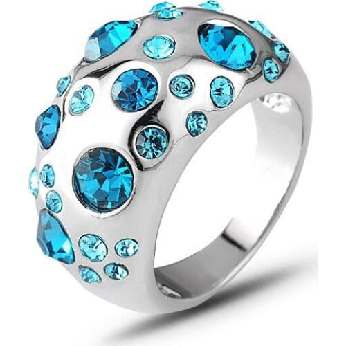Simple Shiny White Gold Color Sky Blue Rhinestone Beads Statement Chunky Rings for Women Men Wedding Jewelry