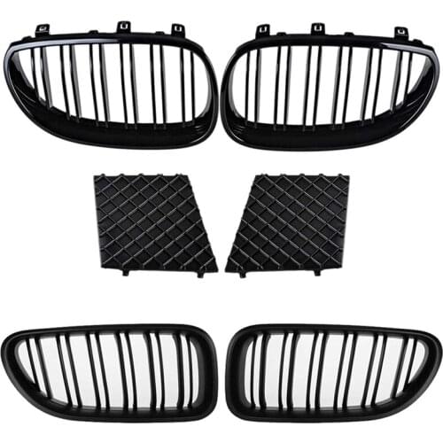 1 Set Front Left And Right Kidney Grille Dual Line + Lower Bumper Grill Covers & 1 Set Front Bumper Hood Kidney Grille