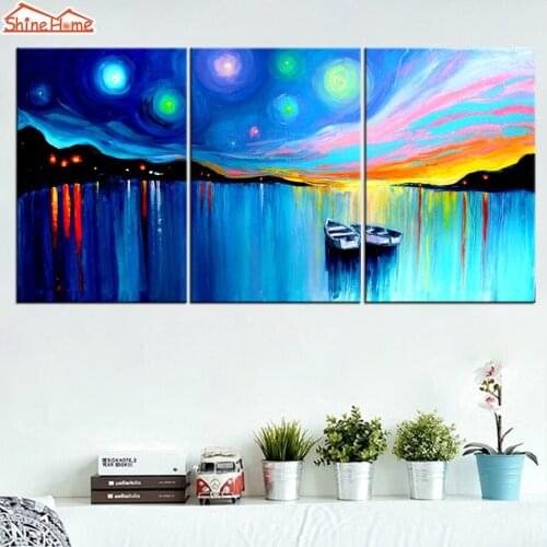 ShineHome-3pcs Wall Art Canvas Printing Abstact Oil Painting Triptych Modular Port City Night Boat Picture Prints for Livingroom