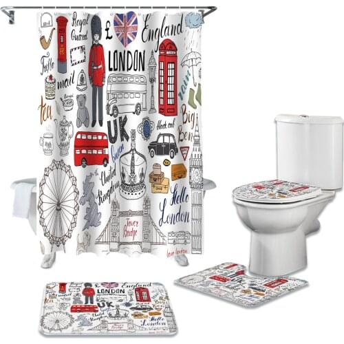Bathroom Shower Curtain and Rug Sets British London Culture Cartoon Doodle Toilet Lid Cover Bath Mat Waterproof Shower Curtains