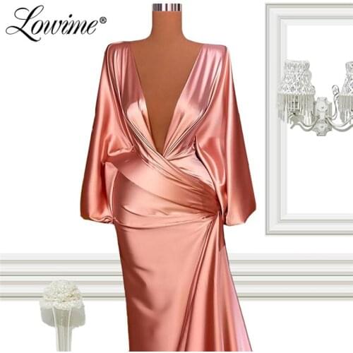 Robe De Soiree V Neck Evening Dresses Long Sleeves Prom Gowns Party Pageant Dress 2021 Plus Size Satin Elegant Celebrity Dresses