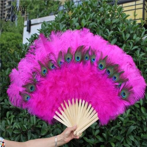 YOYUE 1pcs High Quality Ostrich Feather Fan Halloween Party Celebration Performance Crafts Props DIY Rose Peacock Feather Fan