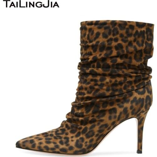 Tradesy Leopard Ankle Boots For Women 2019 High Heel Slouch Boots Ladies Pointed Toe Brown Booties Faux Suede Slip On Short Boot