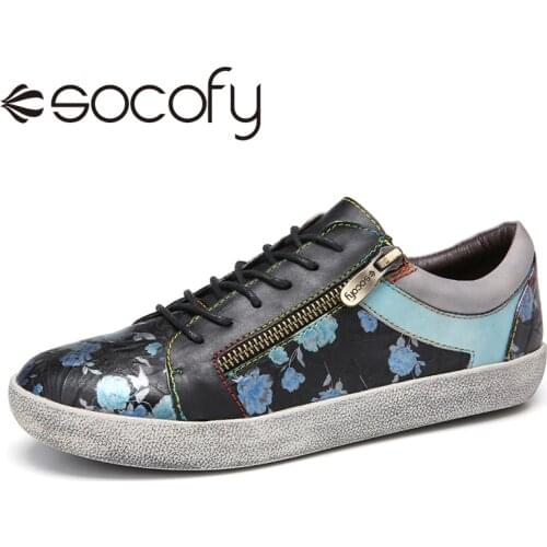 SOCOFY Women Retro Style Sneakers Leather Lace Up Shoes Splicing Floral Decor Zipper Flat Casual Outdoor Sneaker 2020