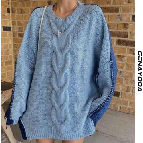 Genayooa Sweater Knitted Oversize Female Streetwear Long Sleeve O Neck Pullover Patchwork Loose Ladies Jumpers Korean Winter