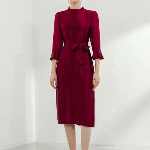 High Quality Newest Nice Runway Designer Womens Elegant 3/4 Flare Sleeves Satin Slim Office Lady Soft Knee-Length Dress